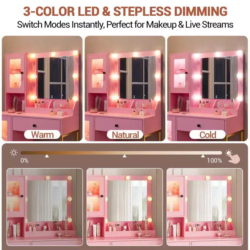 Coiffeuse avec Miroir et Lumières, Table de Maquillage avec Station de Charge, Coiffeuse en Bois pour Chambre à Coucher pour Filles