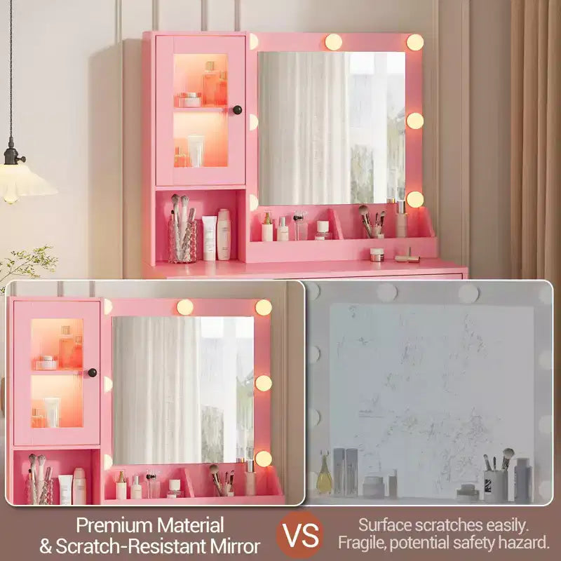 Coiffeuse avec Miroir et Lumières, Table de Maquillage avec Station de Charge, Coiffeuse en Bois pour Chambre à Coucher pour Filles