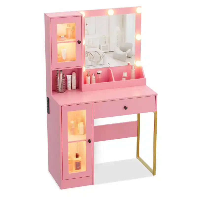 Coiffeuse avec Miroir et Lumières, Table de Maquillage avec Station de Charge, Coiffeuse en Bois pour Chambre à Coucher pour Filles