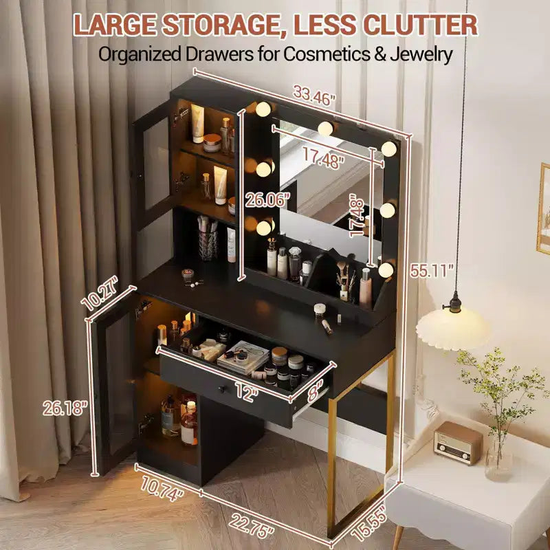 Coiffeuse avec Miroir et Lumières, Table de Maquillage avec Station de Charge, Coiffeuse en Bois pour Chambre à Coucher pour Filles
