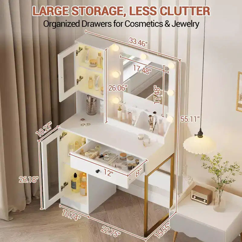 Coiffeuse avec Miroir et Lumières, Table de Maquillage avec Station de Charge, Coiffeuse en Bois pour Chambre à Coucher pour Filles