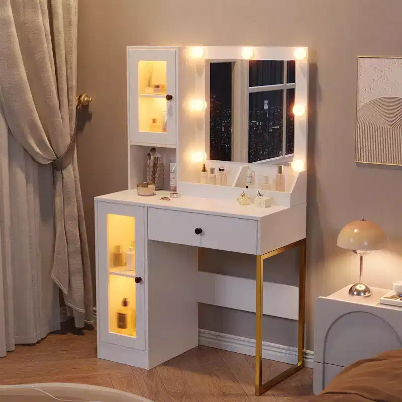 Coiffeuse avec Miroir et Lumières, Table de Maquillage avec Station de Charge, Coiffeuse en Bois pour Chambre à Coucher pour Filles