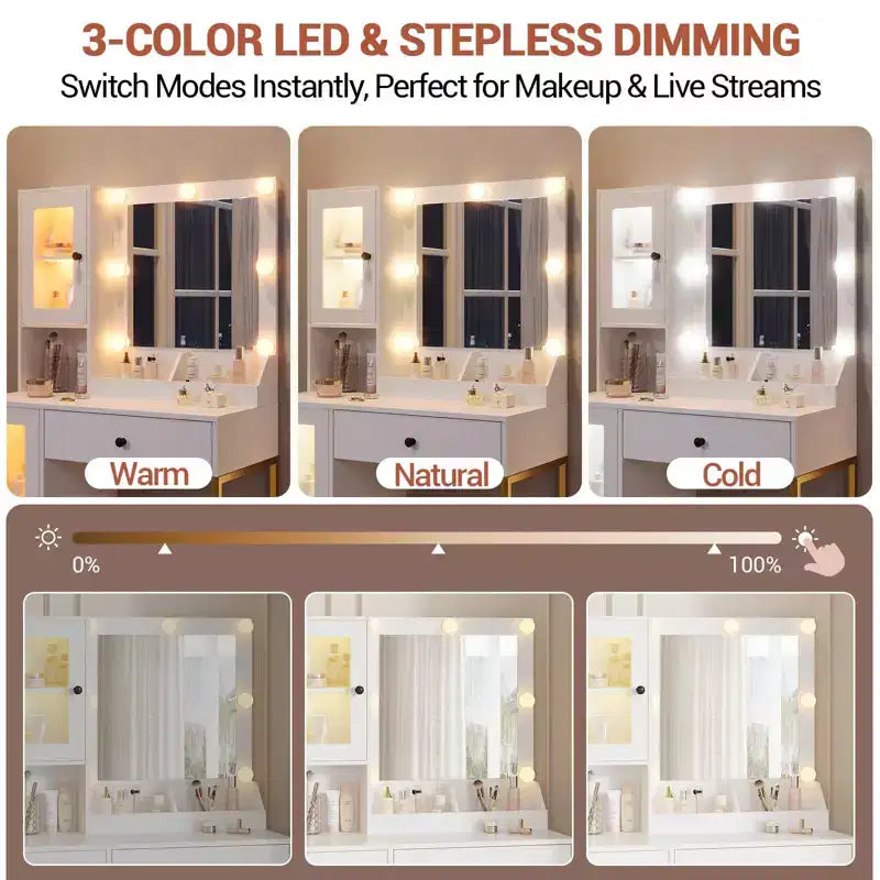 Coiffeuse avec Miroir et Lumières, Table de Maquillage avec Station de Charge, Coiffeuse en Bois pour Chambre à Coucher pour Filles