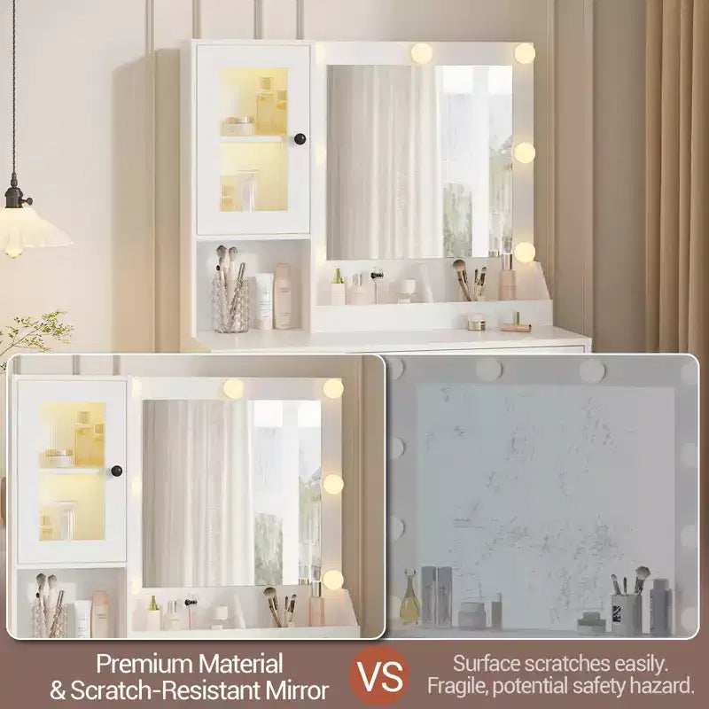 Coiffeuse avec Miroir et Lumières, Table de Maquillage avec Station de Charge, Coiffeuse en Bois pour Chambre à Coucher pour Filles
