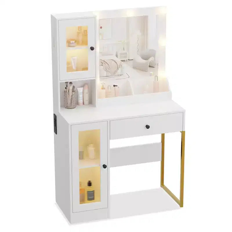 Coiffeuse avec Miroir et Lumières, Table de Maquillage avec Station de Charge, Coiffeuse en Bois pour Chambre à Coucher pour Filles