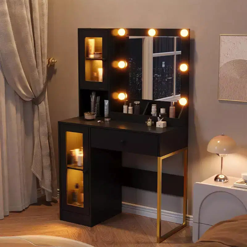 Coiffeuse avec Miroir et Lumières, Table de Maquillage avec Station de Charge, Coiffeuse en Bois pour Chambre à Coucher pour Filles