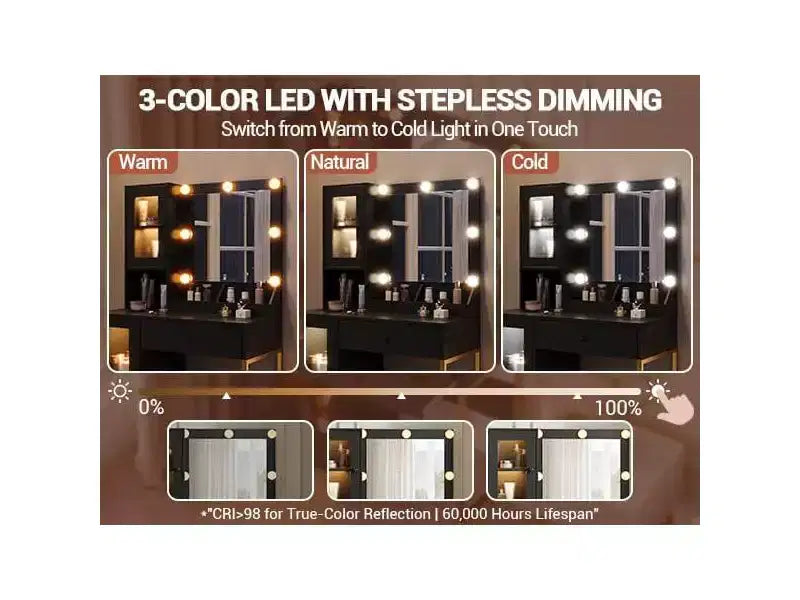Coiffeuse avec Miroir et Lumières, Table de Maquillage avec Station de Charge, Coiffeuse en Bois pour Chambre à Coucher pour Filles