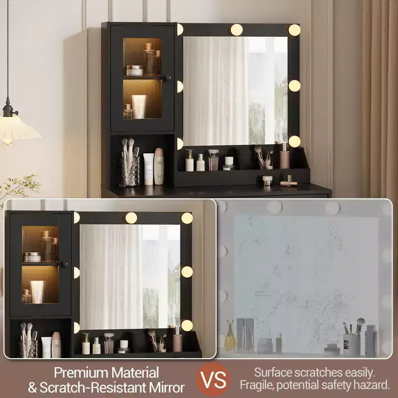 Coiffeuse avec Miroir et Lumières, Table de Maquillage avec Station de Charge, Coiffeuse en Bois pour Chambre à Coucher pour Filles