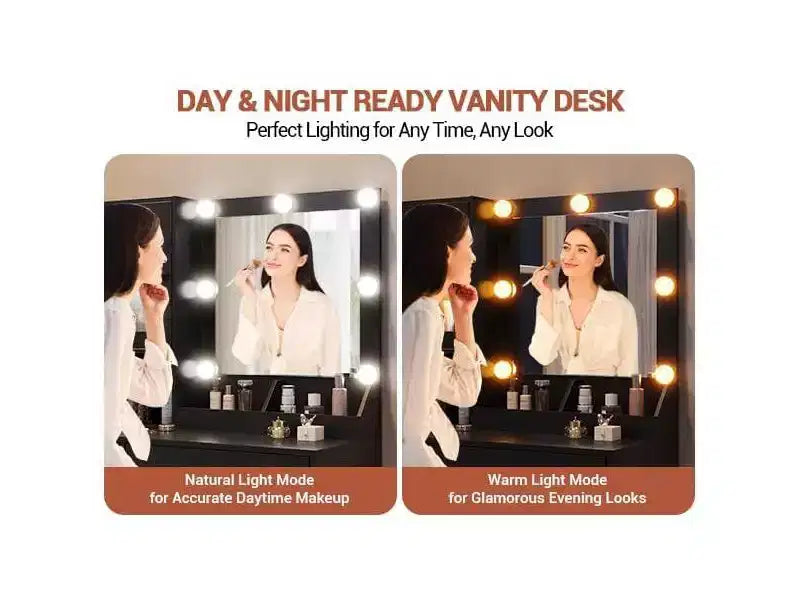 Coiffeuse avec Miroir et Lumières, Table de Maquillage avec Station de Charge, Coiffeuse en Bois pour Chambre à Coucher pour Filles