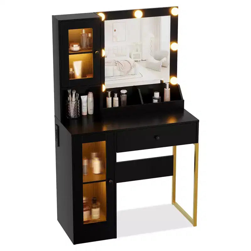 Coiffeuse avec Miroir et Lumières, Table de Maquillage avec Station de Charge, Coiffeuse en Bois pour Chambre à Coucher pour Filles