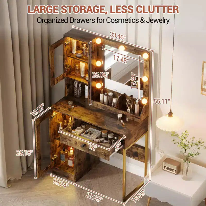Coiffeuse avec Miroir et Lumières, Table de Maquillage avec Station de Charge, Coiffeuse en Bois pour Chambre à Coucher pour Filles