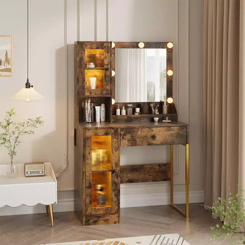 Coiffeuse avec Miroir et Lumières, Table de Maquillage avec Station de Charge, Coiffeuse en Bois pour Chambre à Coucher pour Filles