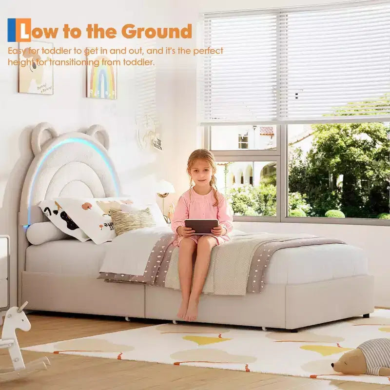 Lit plateforme rembourré avec tiroirs de rangement et tête de lit décorative, support à lattes en bois robuste, pas besoin de sommier tapissier, montage facile