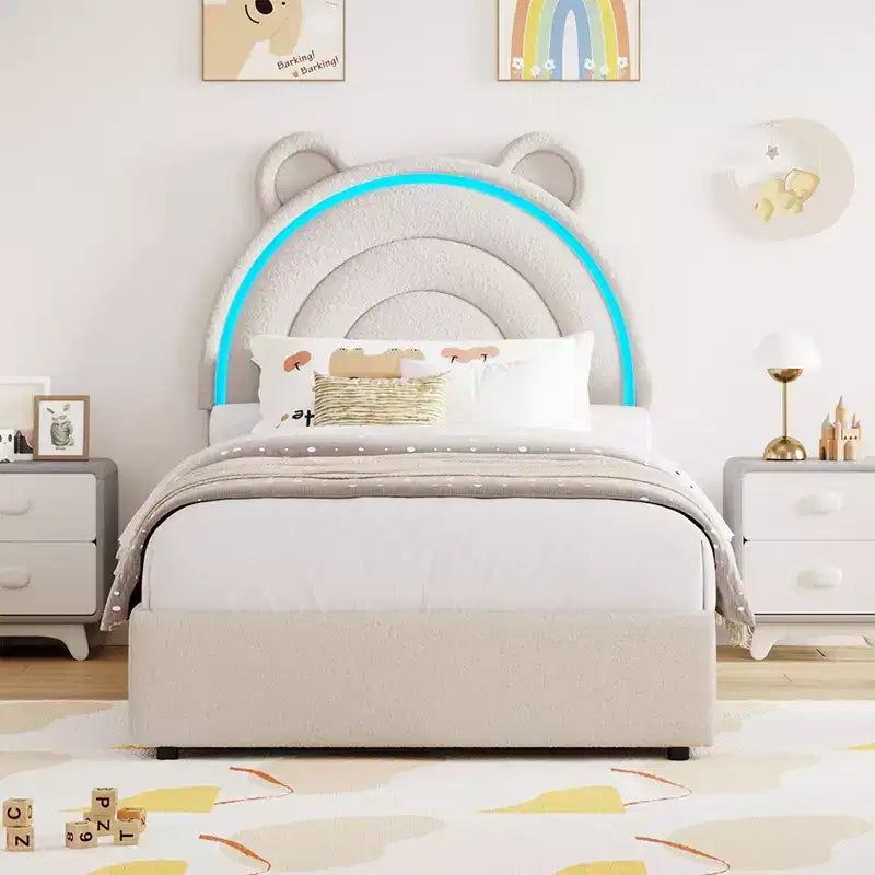 Lit plateforme rembourré avec tiroirs de rangement et tête de lit décorative, support à lattes en bois robuste, pas besoin de sommier tapissier, montage facile