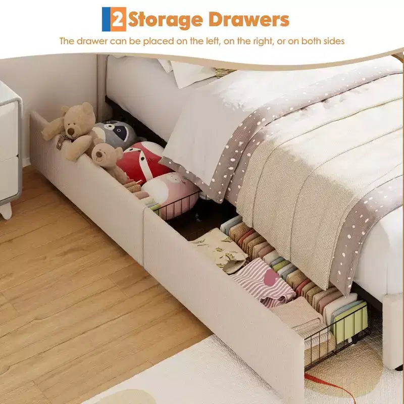 Lit plateforme rembourré avec tiroirs de rangement et tête de lit décorative, support à lattes en bois robuste, pas besoin de sommier tapissier, montage facile