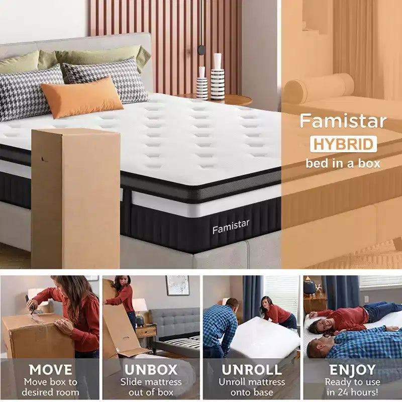 Matelas 14 pouces King Size en boîte, en mousse à mémoire de forme et ressorts ensachés pour l'isolation des mouvements, fermeté moyenne, soulagement de la pression