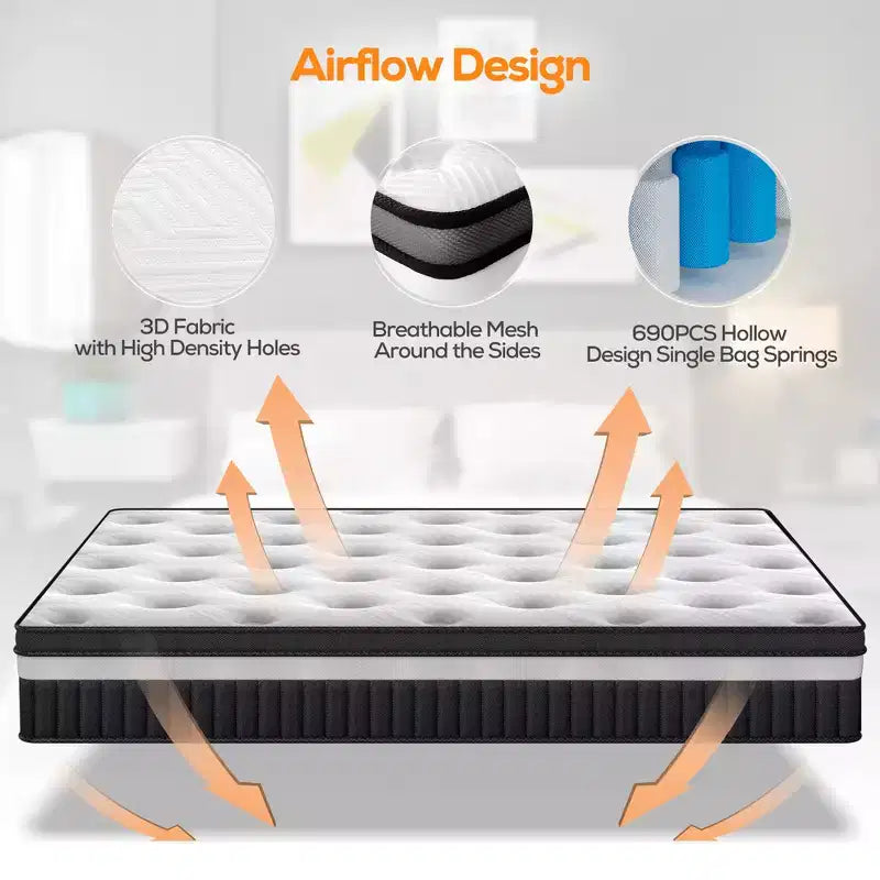 Matelas 14 pouces King Size en boîte, en mousse à mémoire de forme et ressorts ensachés pour l'isolation des mouvements, fermeté moyenne, soulagement de la pression