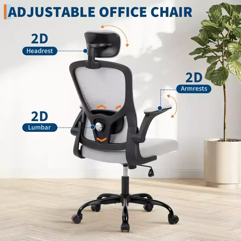 Fauteuil de bureau ergonomique haut de gamme en maille gris clair - Appui-tête réglable et dossier inclinable, pivotant à 360° - Roulettes silencieuses, agréable pour la peau et durable