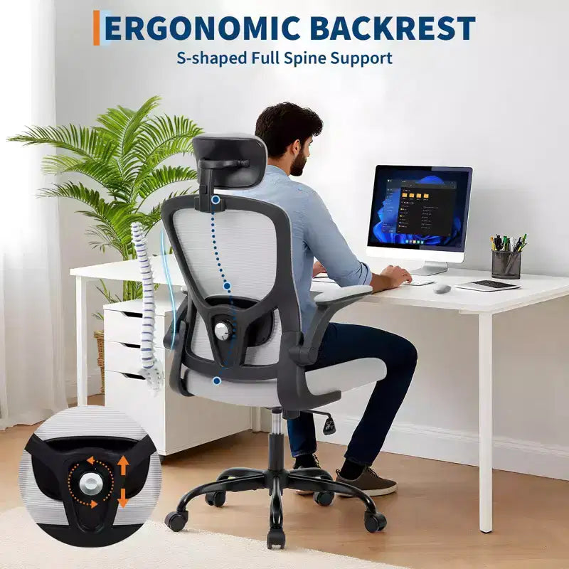 Fauteuil de bureau ergonomique haut de gamme en maille gris clair - Appui-tête réglable et dossier inclinable, pivotant à 360° - Roulettes silencieuses, agréable pour la peau et durable