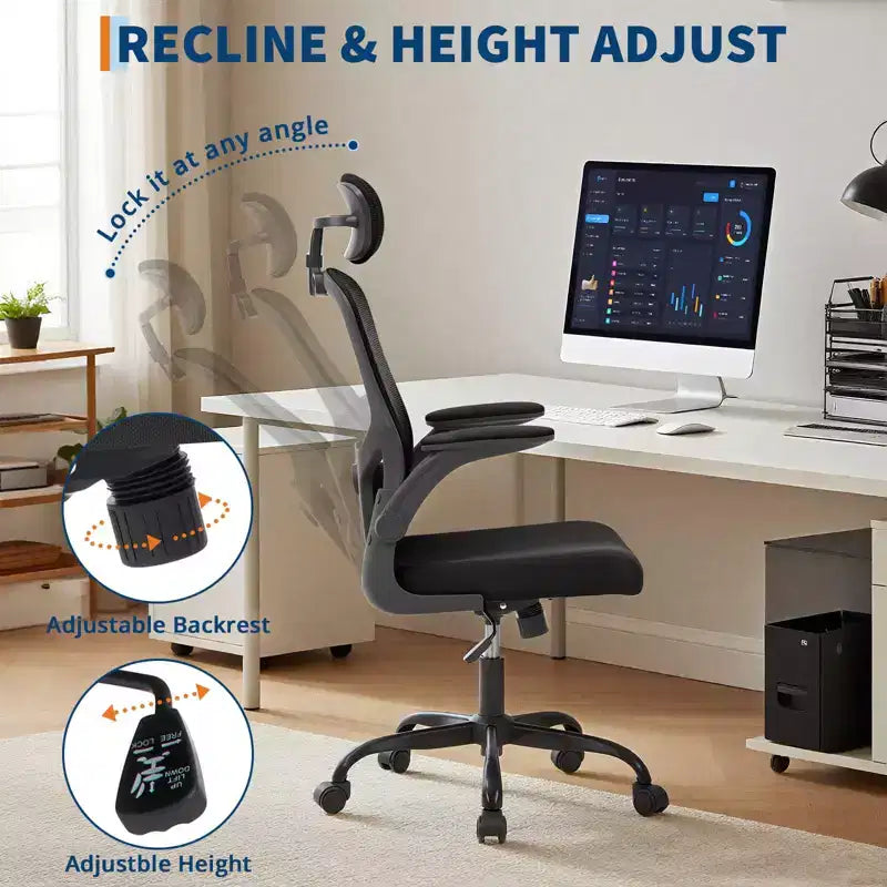 Fauteuil de bureau ergonomique haut de gamme en maille gris clair - Appui-tête réglable et dossier inclinable, pivotant à 360° - Roulettes silencieuses, agréable pour la peau et durable