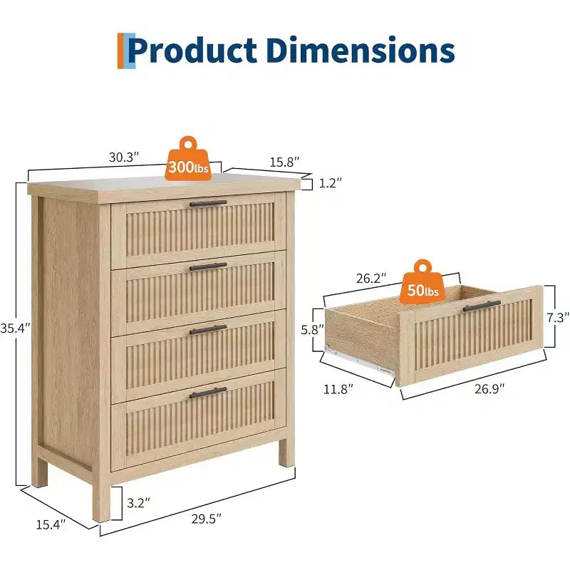 Commode cannelée pour chambre, chiffonnier de 90 cm de haut avec 4 tiroirs de rangement, meuble de rangement en bois moderne pour salon, chambre, entrée