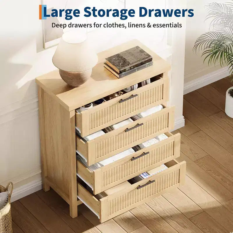 Commode cannelée pour chambre, chiffonnier de 90 cm de haut avec 4 tiroirs de rangement, meuble de rangement en bois moderne pour salon, chambre, entrée