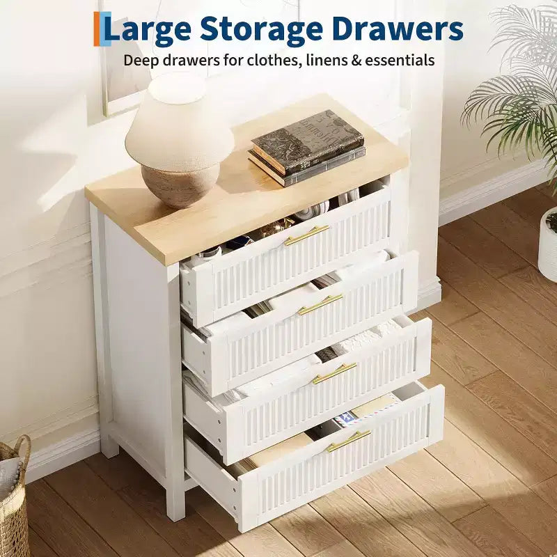 Commode cannelée pour chambre, chiffonnier de 90 cm de haut avec 4 tiroirs de rangement, meuble de rangement en bois moderne pour salon, chambre, entrée