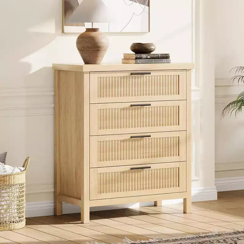 Commode cannelée pour chambre, chiffonnier de 90 cm de haut avec 4 tiroirs de rangement, meuble de rangement en bois moderne pour salon, chambre, entrée
