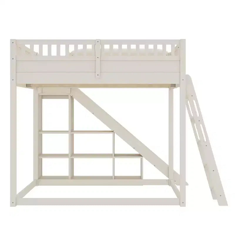Lit mezzanine avec tête de lit capitonnée et étagères de rangement, cadre de lit mezzanine en bois massif avec échelle et toboggan pour enfants