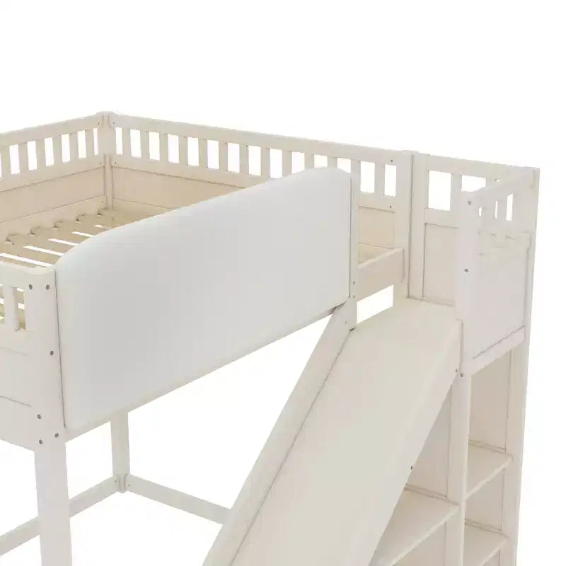 Lit mezzanine avec tête de lit capitonnée et étagères de rangement, cadre de lit mezzanine en bois massif avec échelle et toboggan pour enfants