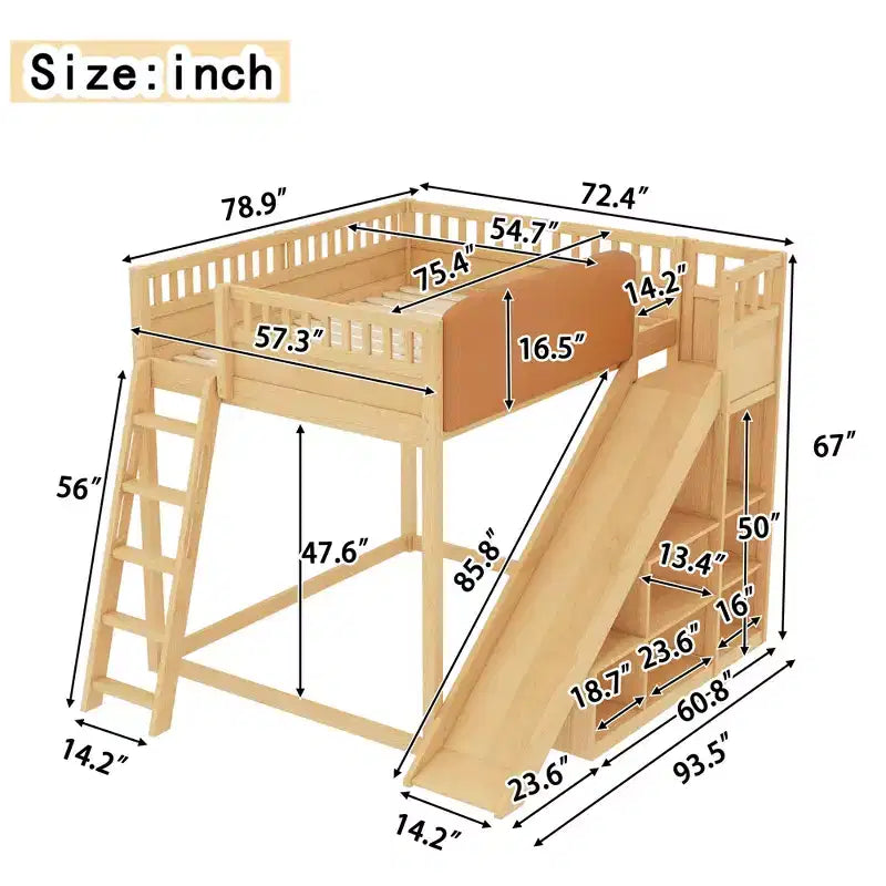 Lit mezzanine avec tête de lit capitonnée et étagères de rangement, cadre de lit mezzanine en bois massif avec échelle et toboggan pour enfants