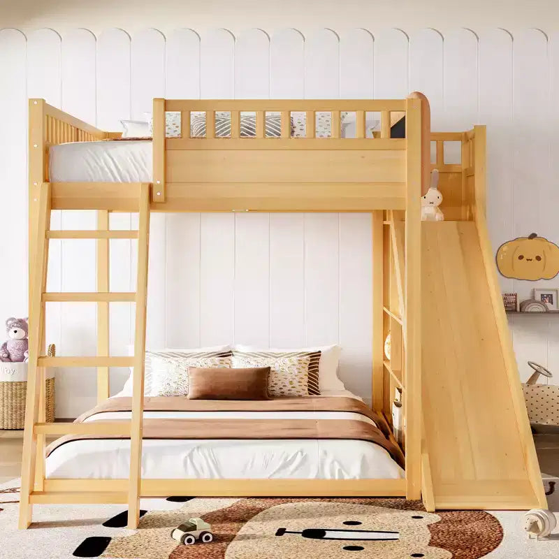 Lit mezzanine avec tête de lit capitonnée et étagères de rangement, cadre de lit mezzanine en bois massif avec échelle et toboggan pour enfants
