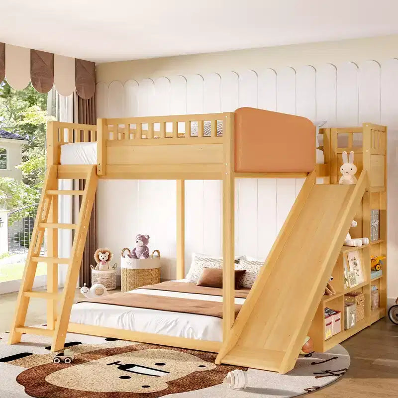 Lit mezzanine avec tête de lit capitonnée et étagères de rangement, cadre de lit mezzanine en bois massif avec échelle et toboggan pour enfants