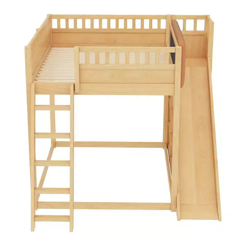 Lit mezzanine avec tête de lit capitonnée et étagères de rangement, cadre de lit mezzanine en bois massif avec échelle et toboggan pour enfants