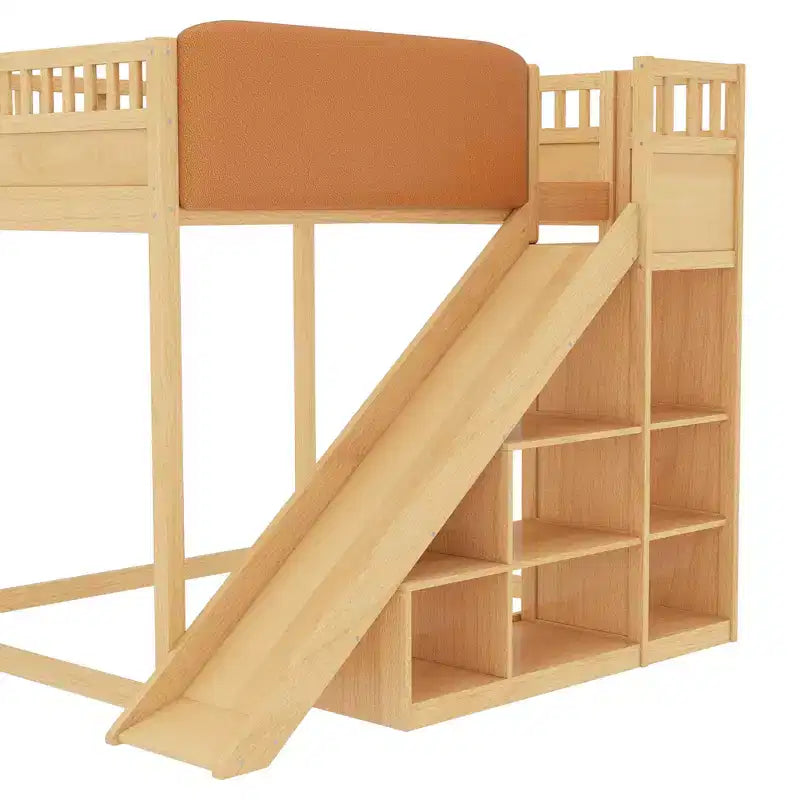 Lit mezzanine avec tête de lit capitonnée et étagères de rangement, cadre de lit mezzanine en bois massif avec échelle et toboggan pour enfants