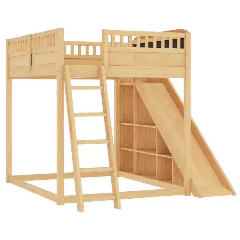 Lit mezzanine avec tête de lit capitonnée et étagères de rangement, cadre de lit mezzanine en bois massif avec échelle et toboggan pour enfants
