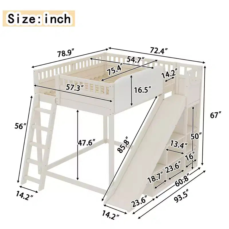 Lit mezzanine avec tête de lit capitonnée et étagères de rangement, cadre de lit mezzanine en bois massif avec échelle et toboggan pour enfants