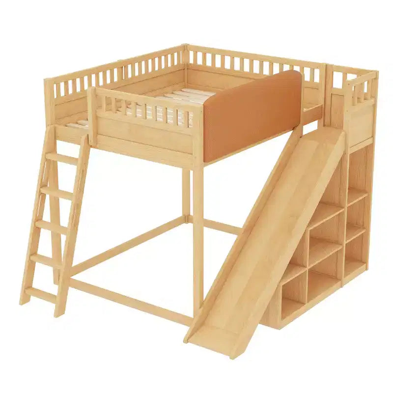 Lit mezzanine avec tête de lit capitonnée et étagères de rangement, cadre de lit mezzanine en bois massif avec échelle et toboggan pour enfants