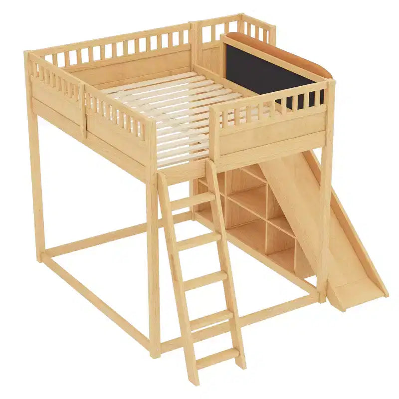 Lit mezzanine avec tête de lit capitonnée et étagères de rangement, cadre de lit mezzanine en bois massif avec échelle et toboggan pour enfants