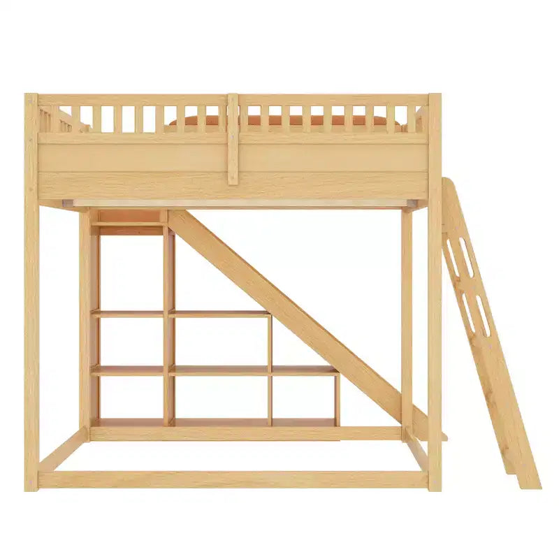 Lit mezzanine avec tête de lit capitonnée et étagères de rangement, cadre de lit mezzanine en bois massif avec échelle et toboggan pour enfants