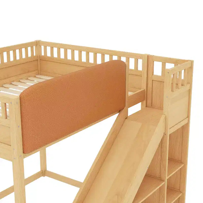 Lit mezzanine avec tête de lit capitonnée et étagères de rangement, cadre de lit mezzanine en bois massif avec échelle et toboggan pour enfants