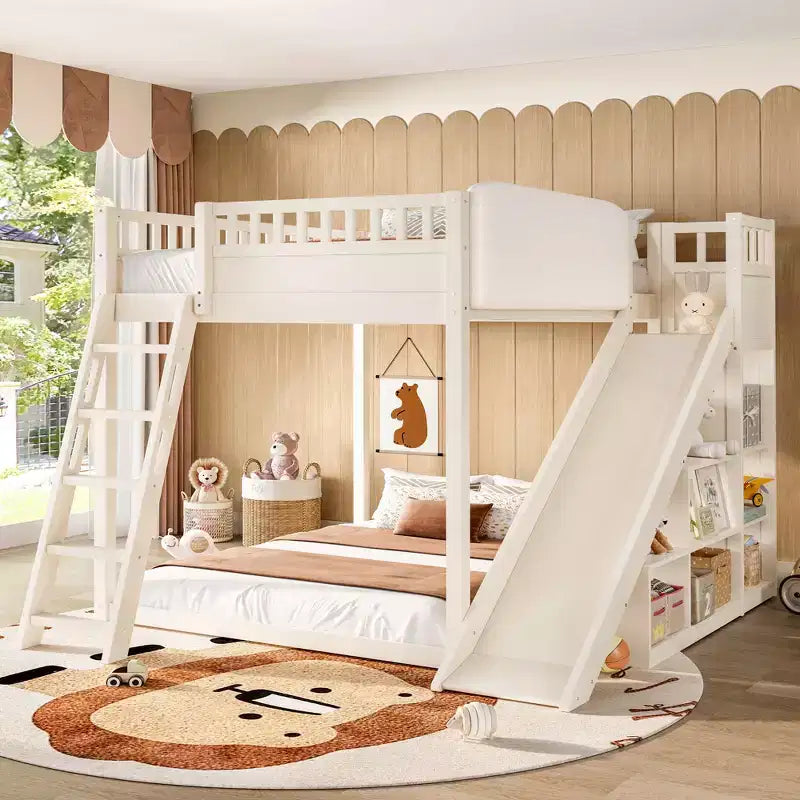 Lit mezzanine avec tête de lit capitonnée et étagères de rangement, cadre de lit mezzanine en bois massif avec échelle et toboggan pour enfants