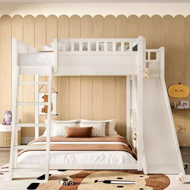 Lit mezzanine avec tête de lit capitonnée et étagères de rangement, cadre de lit mezzanine en bois massif avec échelle et toboggan pour enfants