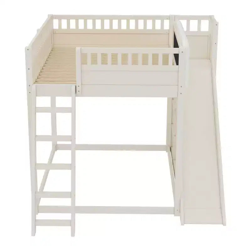 Lit mezzanine avec tête de lit capitonnée et étagères de rangement, cadre de lit mezzanine en bois massif avec échelle et toboggan pour enfants