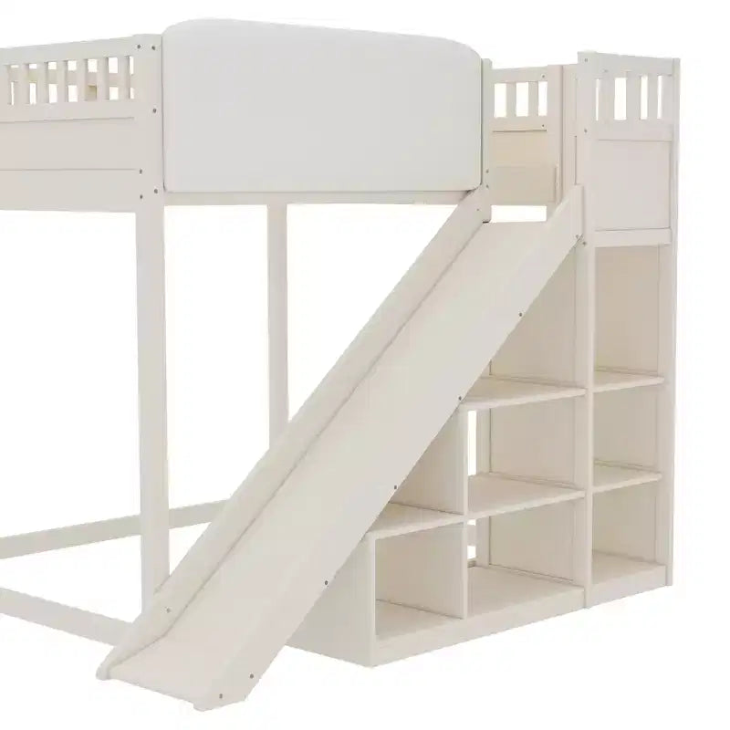 Lit mezzanine avec tête de lit capitonnée et étagères de rangement, cadre de lit mezzanine en bois massif avec échelle et toboggan pour enfants