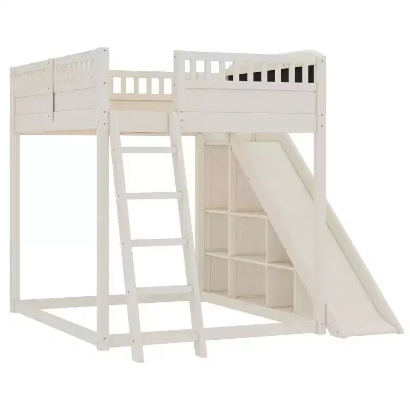 Lit mezzanine avec tête de lit capitonnée et étagères de rangement, cadre de lit mezzanine en bois massif avec échelle et toboggan pour enfants