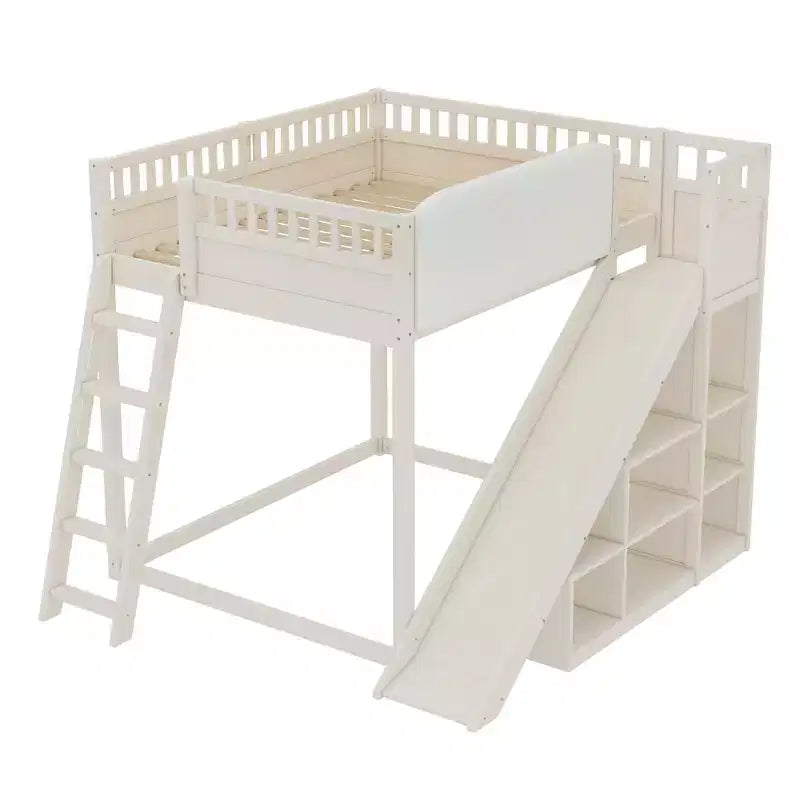 Lit mezzanine avec tête de lit capitonnée et étagères de rangement, cadre de lit mezzanine en bois massif avec échelle et toboggan pour enfants