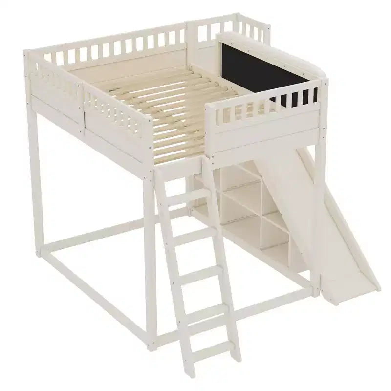 Lit mezzanine avec tête de lit capitonnée et étagères de rangement, cadre de lit mezzanine en bois massif avec échelle et toboggan pour enfants