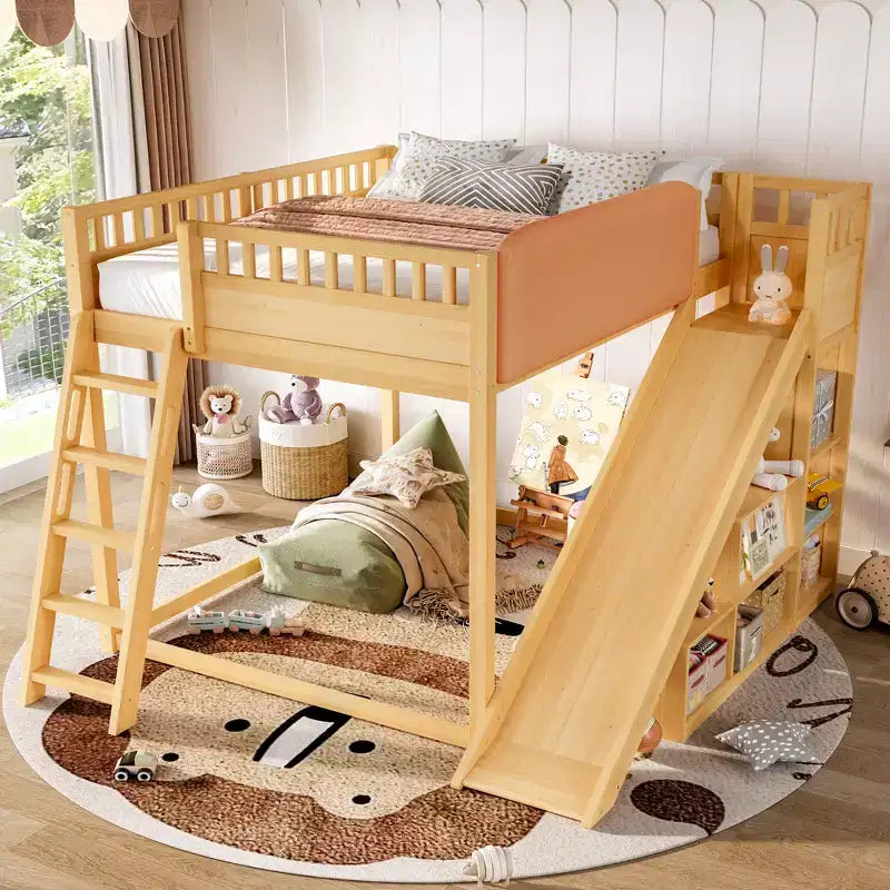 Lit mezzanine avec tête de lit capitonnée et étagères de rangement, cadre de lit mezzanine en bois massif avec échelle et toboggan pour enfants