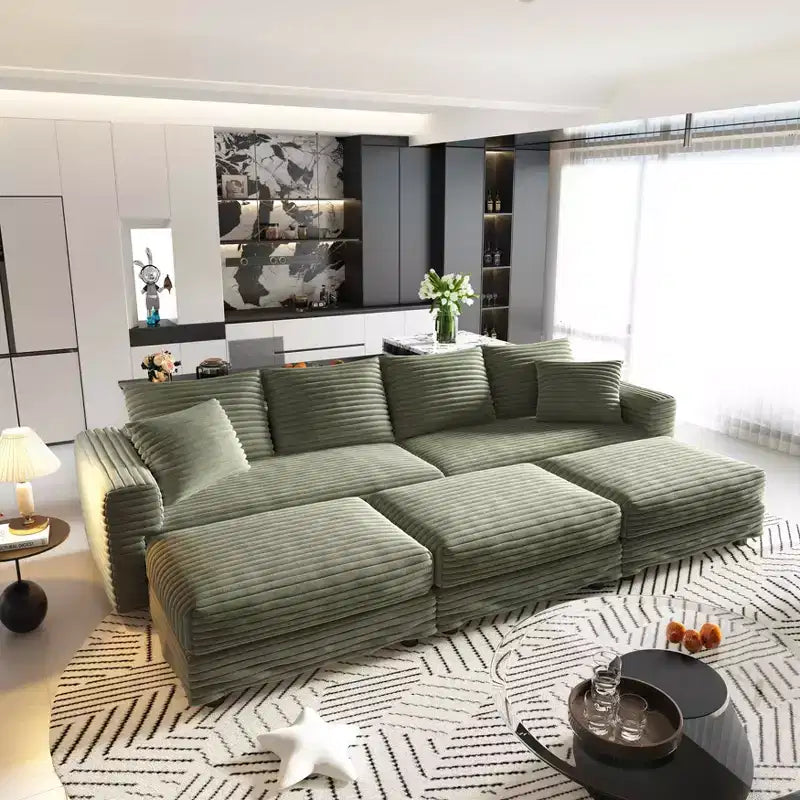 Canapé 4 places en velours côtelé douillet 102,4 avec coussins moelleux, 3 ottomans, canapé convertible profond, chaise longue verte